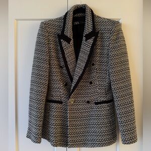 Zara Black and White Tweed Double-Breasted Blazer with Contrast Trim